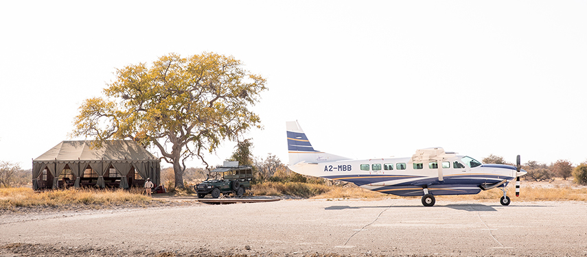 A small charter plane parked near a safari tent and vehicle at Jack’s Private Camp airstrip.