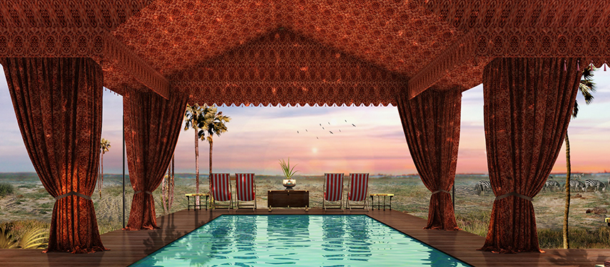 A luxurious safari-style swimming pool under a patterned canopy at sunset with views over the grasslands.