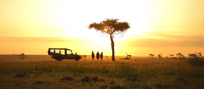 Silhouetted figures walking near a safari vehicle and acacia tree at sunrise in the Masai Mara, capturing the golden serenity of early morning on safari.