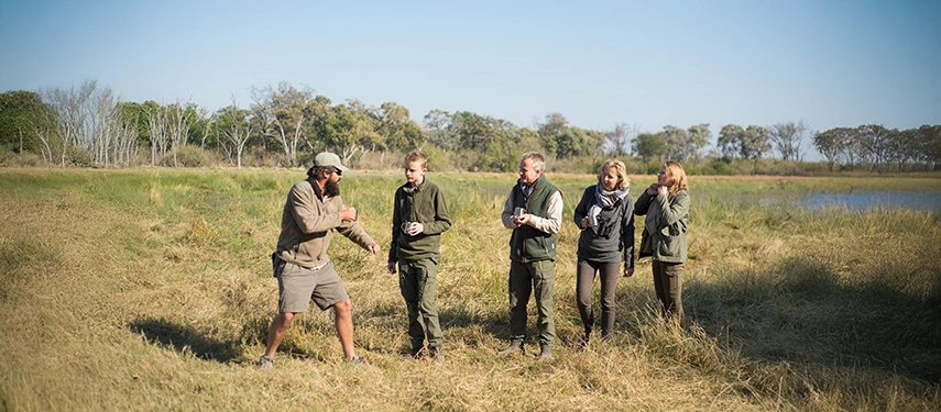 Guests on a guided walking safari pause to learn about animal tracks and bush ecology in the Okavango Delta.