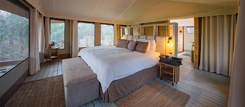 Spacious tent interior with king bed and natural furnishings at Cha Cha Metsi.