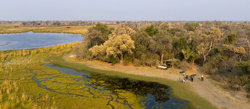 Aerial view of Cha Cha Metsi’s water frontage and open wilderness setting.