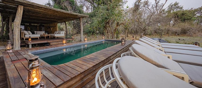 Shaded deck with pool and sun loungers surrounded by woodland at Cha Cha Metsi.