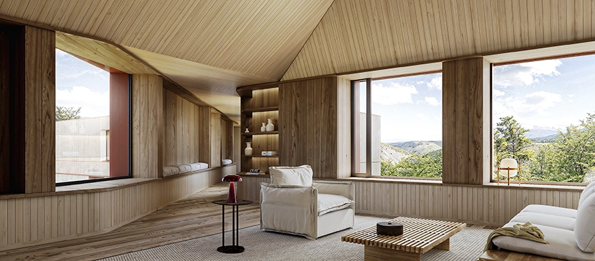 A serene timber-clad lounge looks out to sweeping Patagonian vistas through wide picture windows.