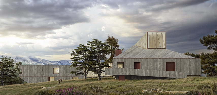 A striking timber-clad lodge rests on a wild hillside, surrounded by Patagonian vegetation and distant snowy peaks.