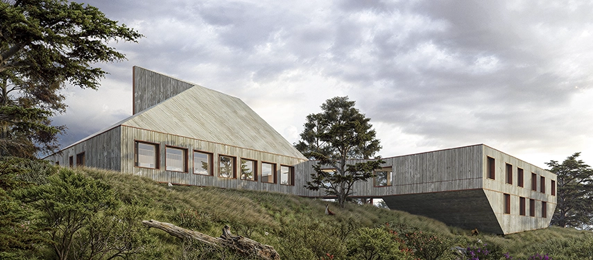 The lodge’s angular timber architecture blends into a rugged Patagonian hillside under moody, shifting skies.