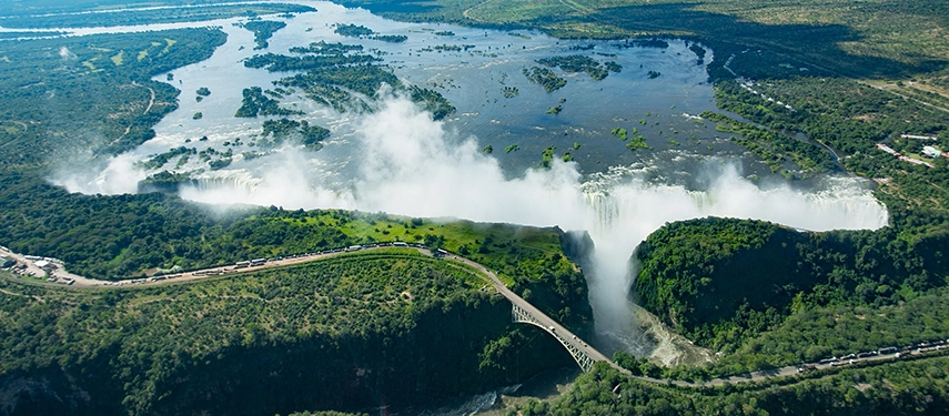 Aerial view of Victoria Falls with lush surroundings near Ilala Lodge