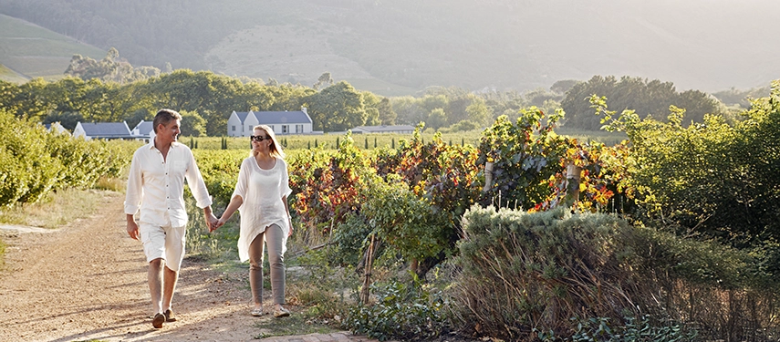 Couple strolling hand in hand through vineyards at La Clé in South Africa’s Franschhoek Valley.