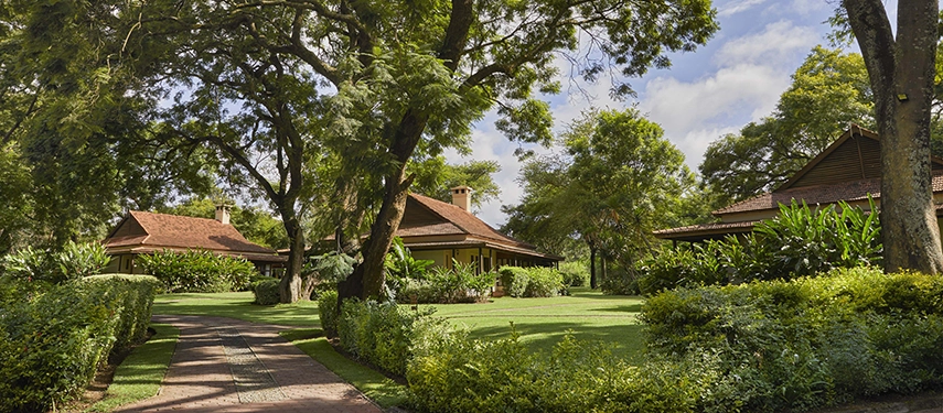 Garden cottages at Legendary Lodge in Arusha viewed from a shaded pathway, set among mature trees, flowering shrubs and wide green lawns.