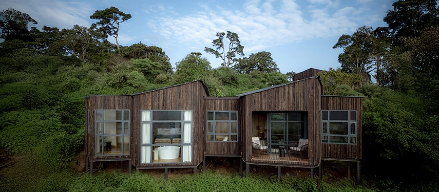 Contemporary wooden lodge suites at Lemala Osonjoi Lodge nestled in dense hillside greenery.
