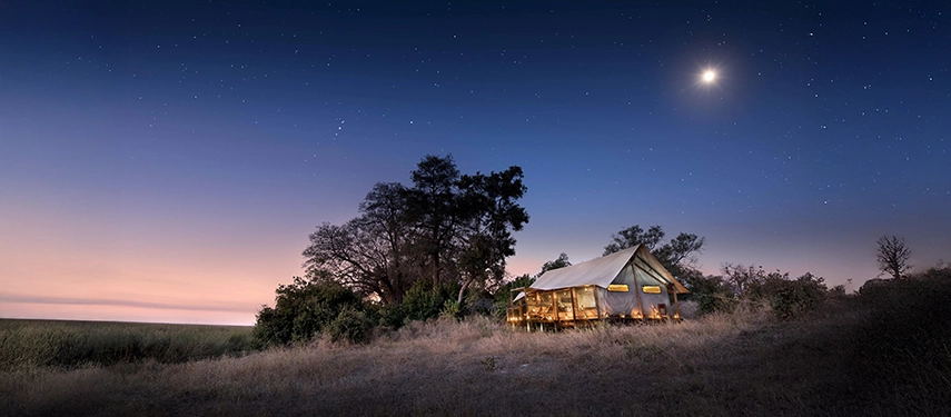 Elevated canvas tent at Linyanti Ebony stands beneath a clear starry sky on a remote Botswana ridgeline.