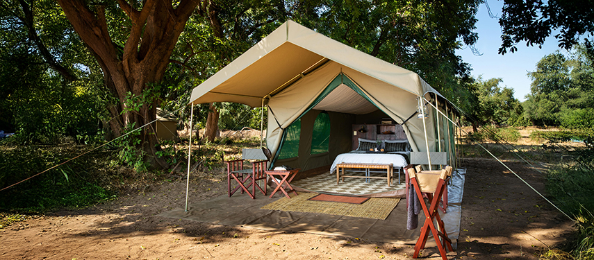 View into a luxury canvas tent reveals stylish interiors with a bed, woven carpet, and wooden furnishings.