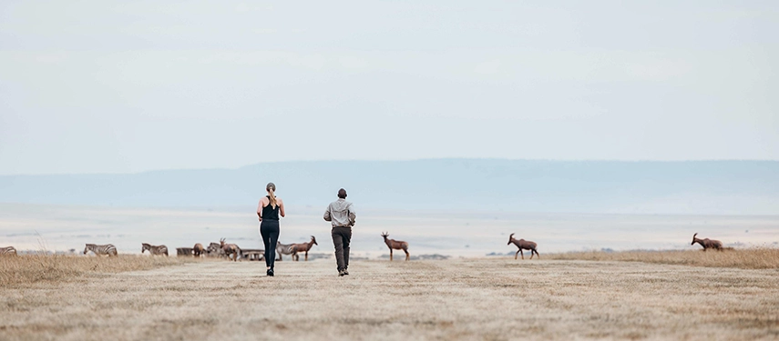 Guided walking safari from Mara Expedition Camp in Kenya, with guests exploring the open plains of the Maasai Mara on foot alongside expert guides.