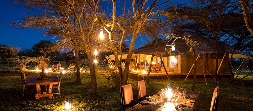 Evening dining at Mara Expedition Camp in Kenya, with lantern-lit tables set under trees and the camp glowing softly after dark.