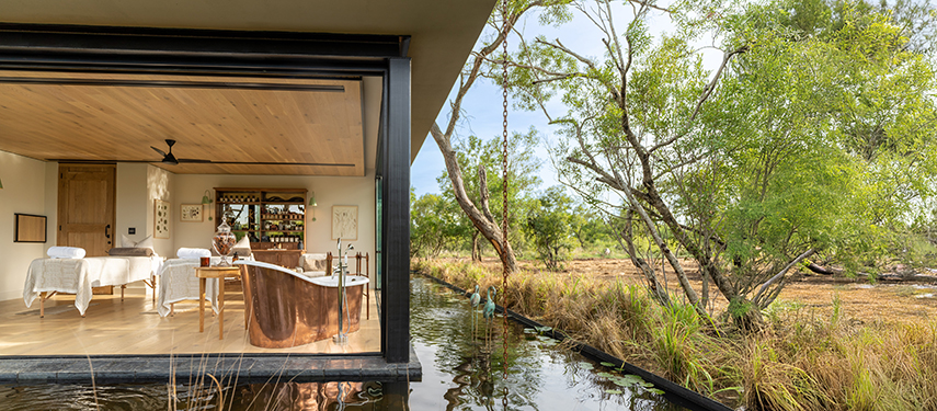 Open-sided spa suite overlooking a water feature and the surrounding bushveld landscape.