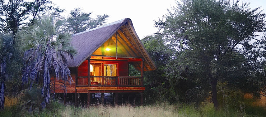 Thatched luxury chalet raised on stilts at Nata Lodge