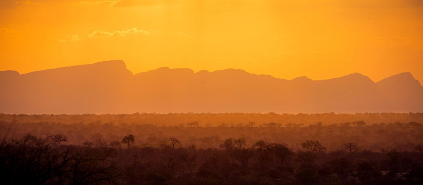A golden sunset over the Drakensberg mountains with the misty Timbavati bushveld in the foreground.