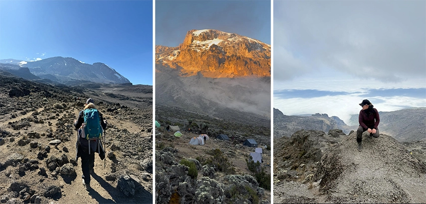 Climber resting on rocky outcrop above the clouds with sweeping views across Mount Kilimanjaro’s rugged slopes.