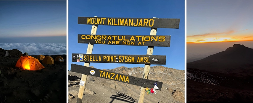 Yellow tents illuminated at dawn near Stella Point with summit sign marking the 5756m elevation on Mount Kilimanjaro’s Lemosho Route.