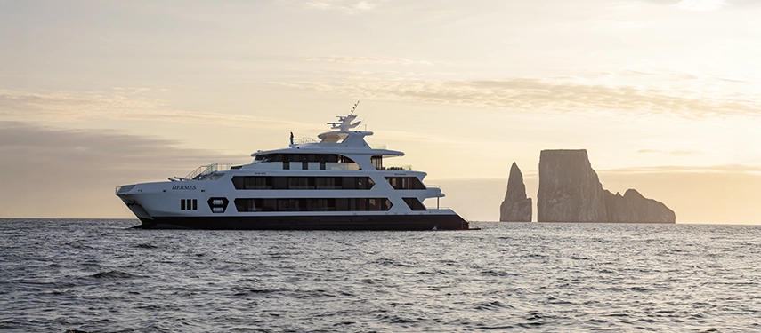 Hermes Galápagos Mega Catamaran sailing past Kicker Rock at sunrise.