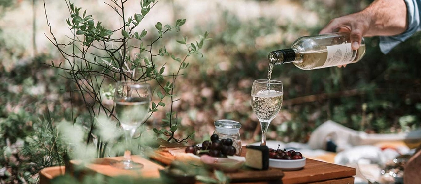 A bottle of white wine being poured into a glass at an al fresco picnic table with fruit and cheese.