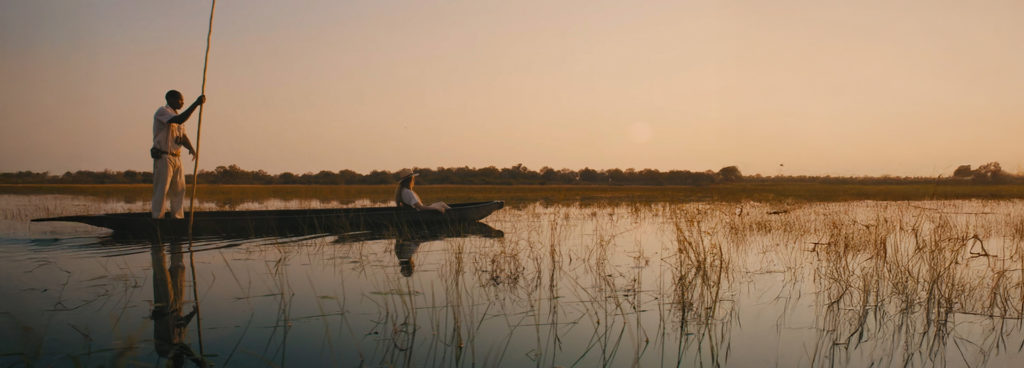Guests on a traditional mokoro canoe safari at sunset, paddling through reeds in the Okavango Delta with a local guide.