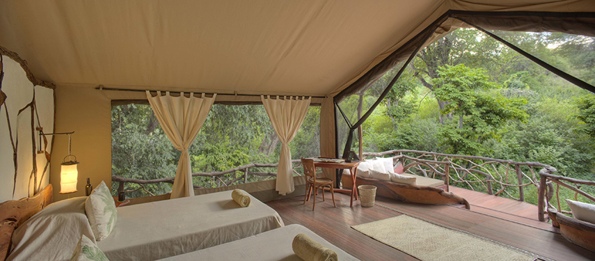 An open-air treehouse bedroom with canvas walls and twin beds, offering uninterrupted views of the surrounding forest canopy.