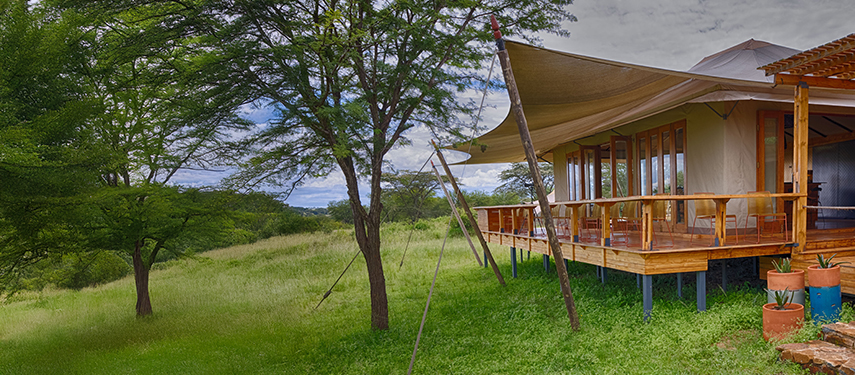 Timber deck extending from Sayari Camp’s bar area into the Serengeti wilderness