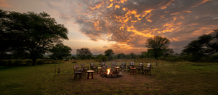 Fire boma at sunset on the Serengeti