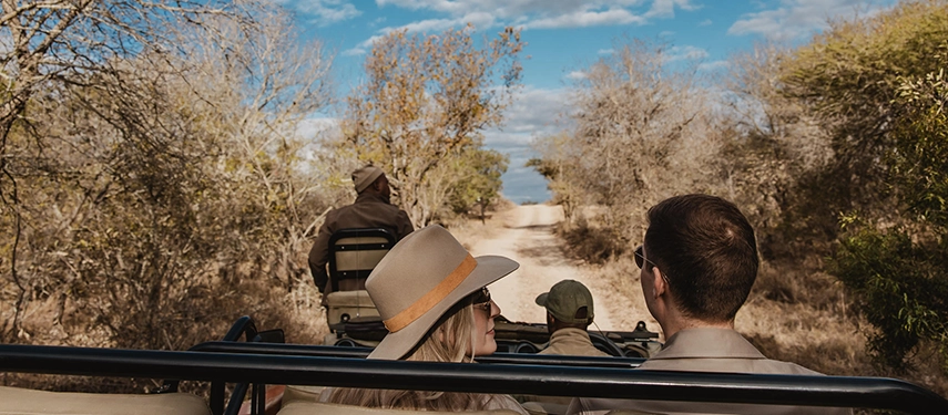 View from the back of a safari vehicle showing guests in the front seats looking out into the bush.