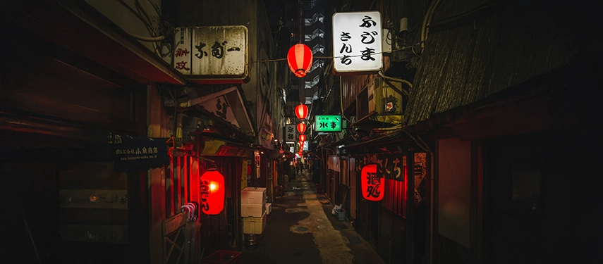 A narrow lantern-lit alleyway filled with small eateries, revealing Tokyo’s atmospheric nightlife and local dining culture.