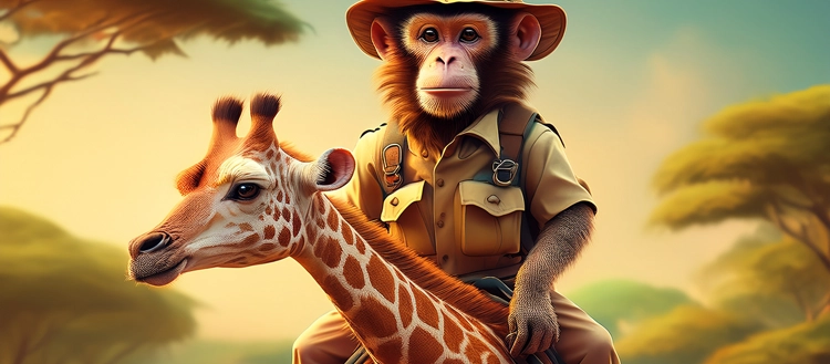 A monkey dressed as a safari guide riding a giraffe