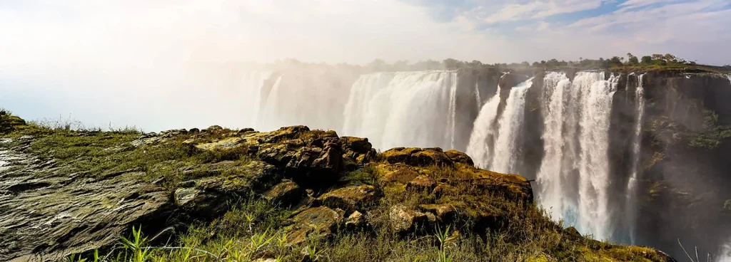 A misty view of Victoria Falls - Mosi-oa-Tunya - seen in full flood from the Zimbabwe side.