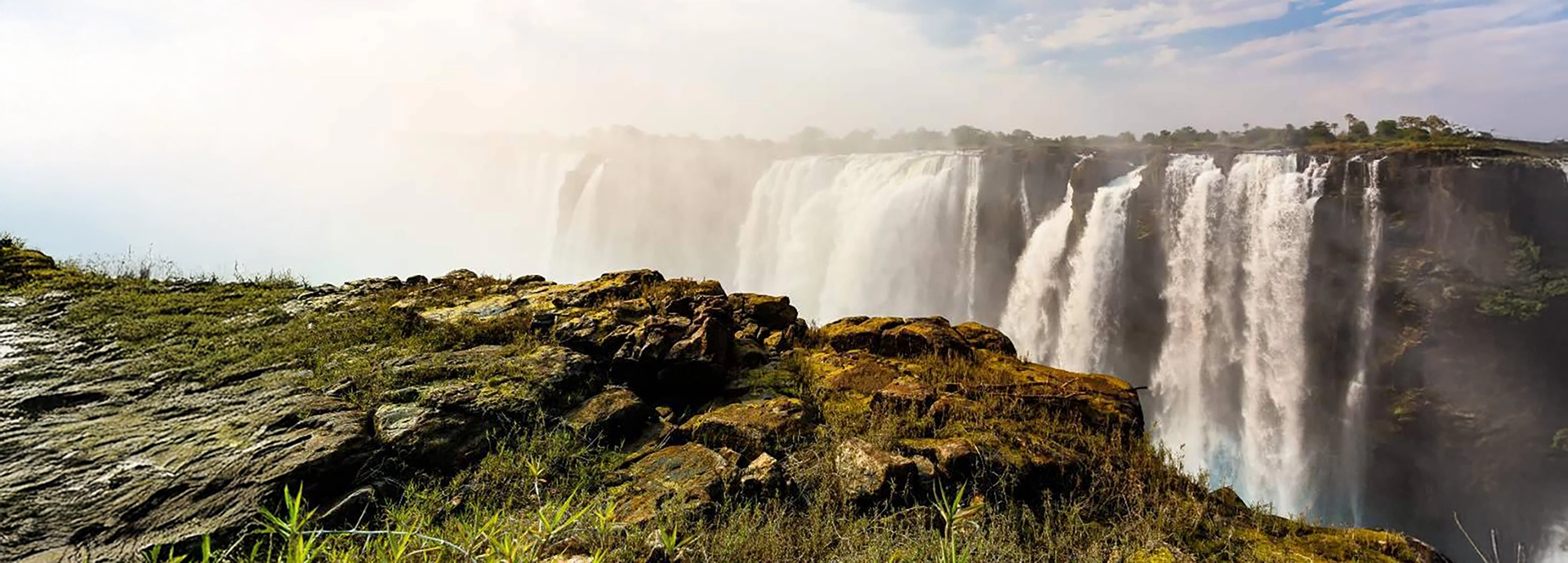 A misty view of Victoria Falls - Mosi-oa-Tunya - seen in full flood from the Zimbabwe side.
