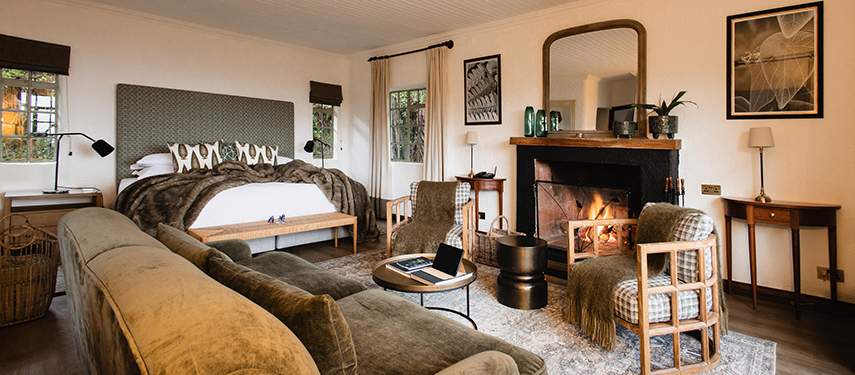 Sumptuous colonial-style lounge at Sabyinyo Lodge, Volcanoes National Park, Rwanda