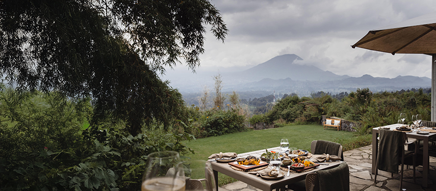 Breakfast terrace overlooking the Virunga Mountains in Rwanda