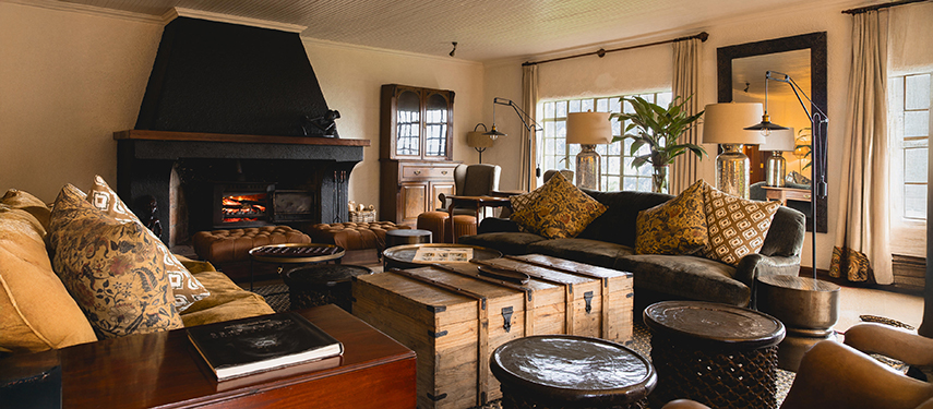 Sumptuous colonial-style lounge at Sabyinyo Lodge, Volcanoes National Park, Rwanda