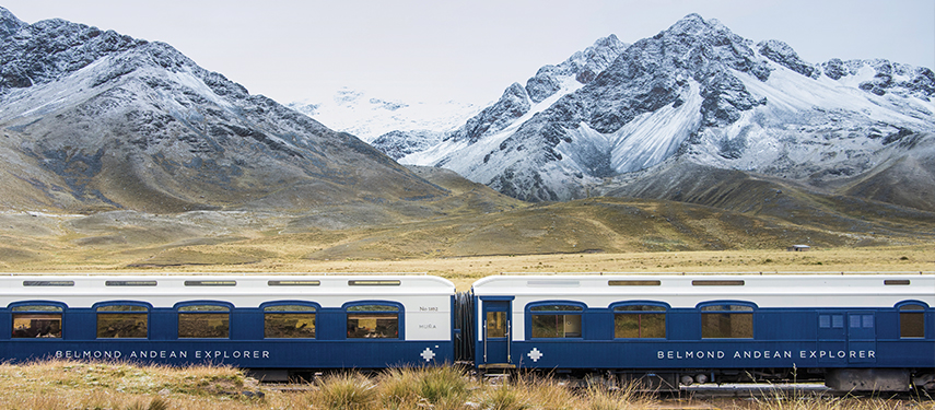 Belmond Andean Explorer luxury train journey from cusco to Lake Titicaca with the Andes in the background