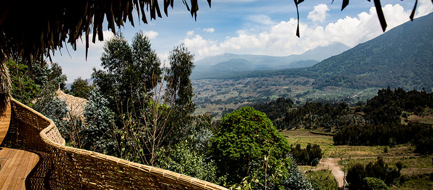 A curving woven balcony at Bisate Lodge with stunning views across the Rwandan countryside.