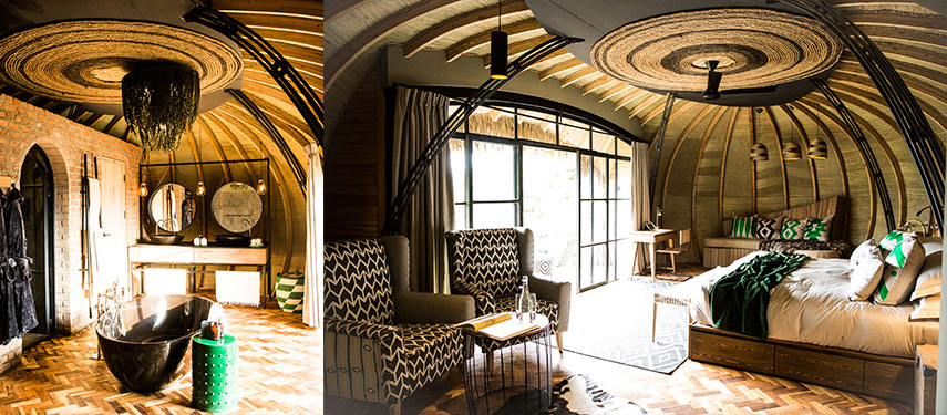 Interior images of a sumptuous suite with traditional thatched roof at Bisate Lodge, Rwanda