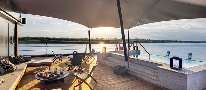 Spa and sunset views on deck aboard the Aqua Nera luxury Amazon River cruise