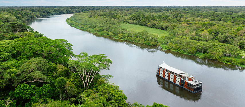 Aerial view of the Aqua Nera luxury boat on a Peruvian Amazon River cruise