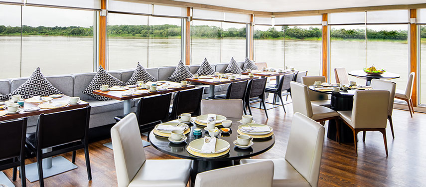 Dining area aboard the Aqua Nera luxury Amazon River cruise