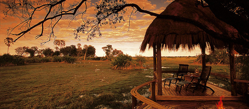 Sala and lounge platform at sunset in Botswana