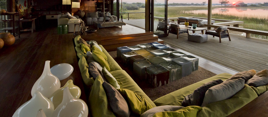 Luxurious lounge area at Vumbura Plains safari lodge in Botswana's Okavango Delta