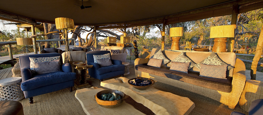 Lounge area at Little Vumbura luxury safari lodge in the Okavango Delta, Botswana