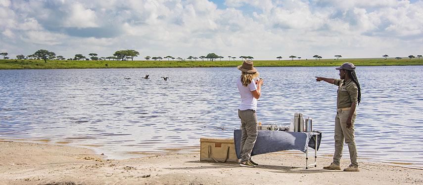 Picnic beside the water with hippos peering nearby while at Dunia Camp