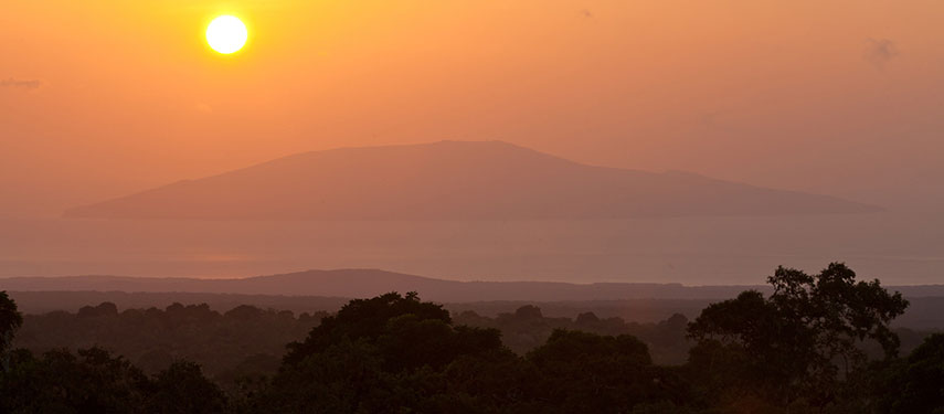 Sunset view of the the hinterland of Santa Cruz Island in the Galápagos