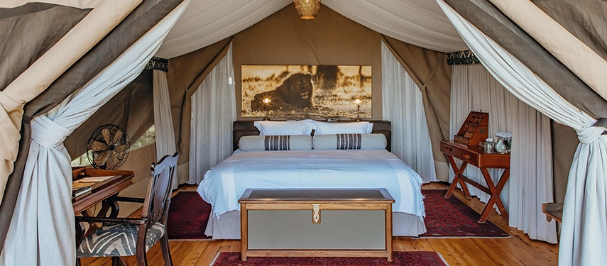 Spacious safari tent at Mara Expedition Camp in Kenya, featuring a king bed, canvas walls, and refined interiors overlooking the Maasai Mara plains.