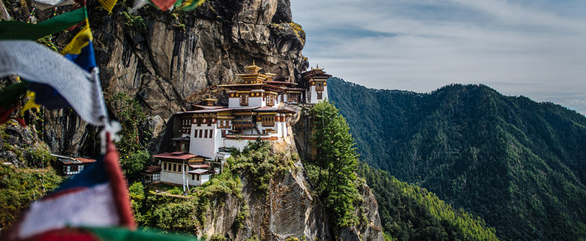 The spectacular Tiger's Nest monastery clinging to the cliffside of the Paro Valley in Bhutan